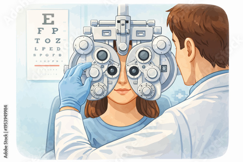 Optometrist conducting an eye exam using a phoropter for a patient