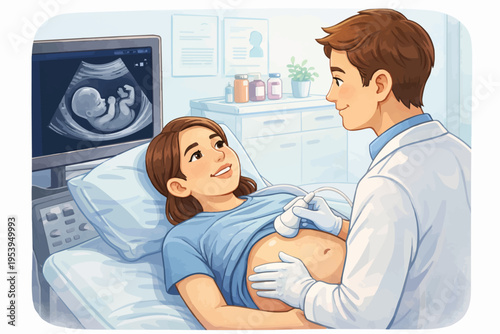 Doctor performs ultrasound on pregnant woman, showing baby on screen