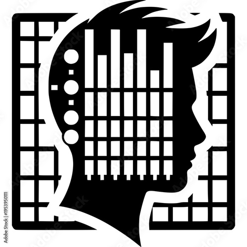 Mindful Analysis: A conceptual image embodies a person, their mind an intricate grid and bar chart representation. This imagery suggests data analysis, critical thinking and cognitive process