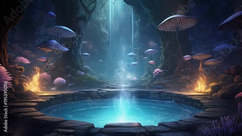 A mystical pool glows with blue light surrounded by mushrooms and fire in a dark fantasy forest landscape.