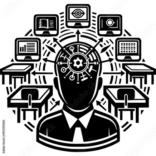 Brain and technology integration: A symbolic illustration depicts the seamless fusion of a human mind with advanced technology, emphasizing connectivity and innovation.