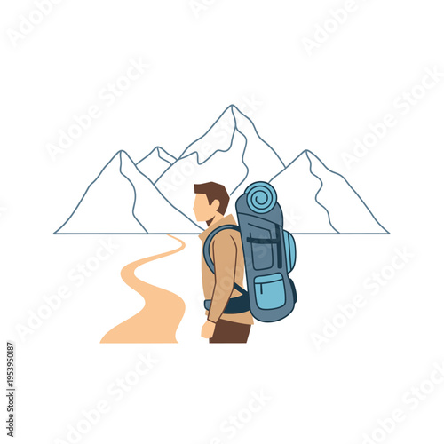 Man Hiking with Backpack and Trekking Poles.