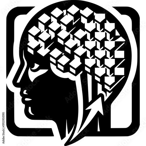 Brainstorming in the Mind: A graphic representation of a human mind filled with cubes, with an upward arrow pointing out from the head, illustrating thought processes and creativity.