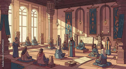 Scholars Gathering in a Grand Hall for Intellectual Discourse.