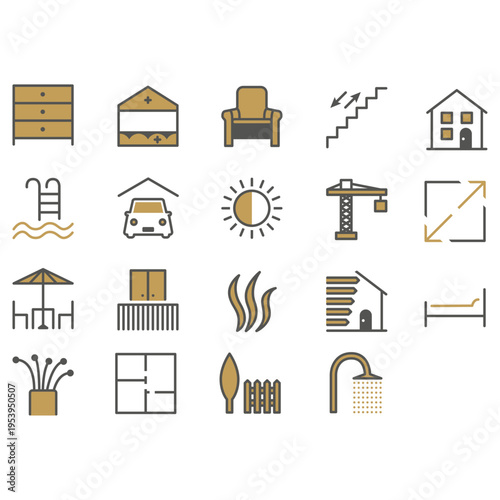 Real Estate and Property Amenities Icon Set - Thin Line Vector Bicolor