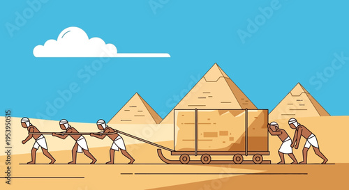 Ancient Egyptian workers pulling a heavy stone block on a sled.