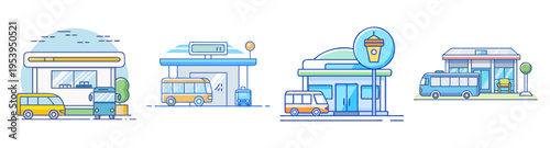 modern urban transportation hub with bus, gas station, and convenience store flat design vector illustration