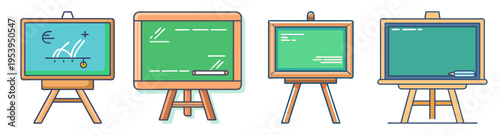 set of four empty chalkboards on wooden easels flat design vector illustration