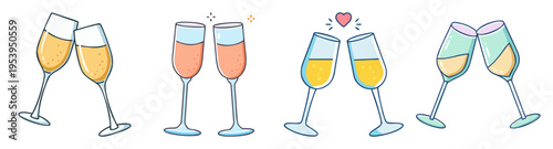 elegant champagne toast celebration set flat design vector illustration