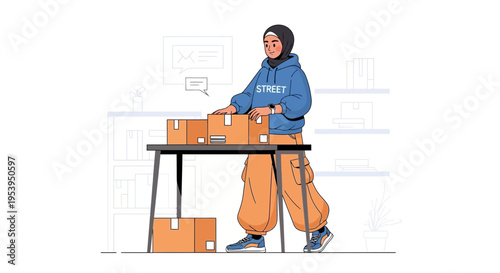 Woman in hijab packing boxes for delivery, e-commerce, small business, logistics