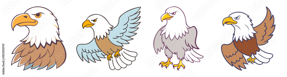 Fototapeta premium set of four flying bald eagles in flat design vector illustration