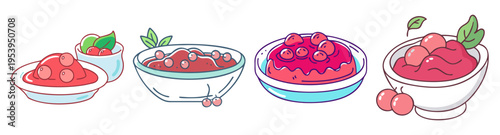 cranberry sauce dishes set with fresh berries flat design vector illustration