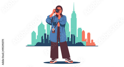 Woman Photographer Captures Cityscape View with Camera, Urban Lifestyle