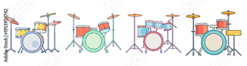 colorful drum set music instruments icon pack flat design vector illustration