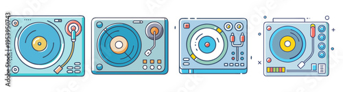 set of dj turntable and mixer control panel icons flat design vector illustration