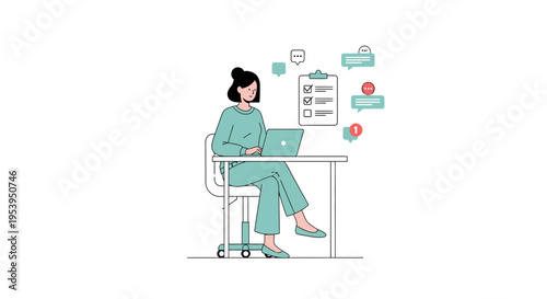 Woman working on laptop at desk with checklist and chat bubbles