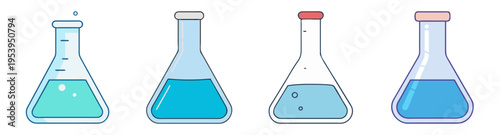 set of four laboratory erlenmeyer flasks with liquid flat design vector illustration