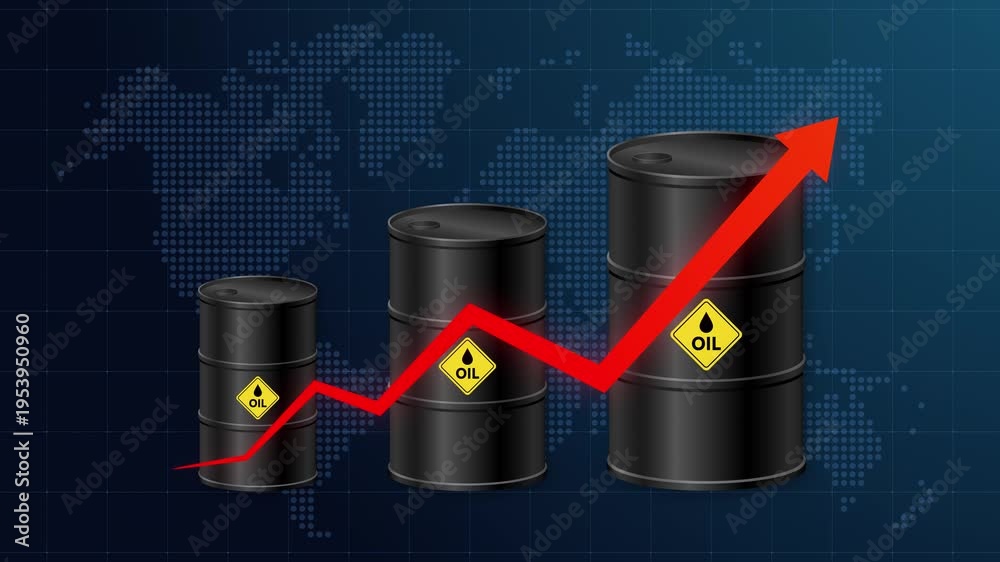Global oil price increase animation concept with barrels and upward ...