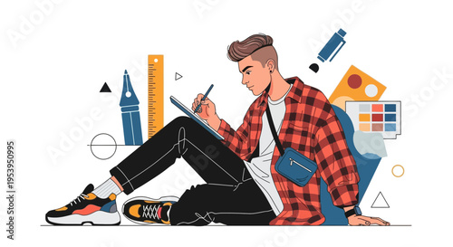 Young creative designer drawing on tablet surrounded by art supplies, vector illustration