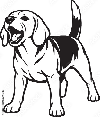 Beagle Barking Alert Standing Pose Black and White Line Art Illustration