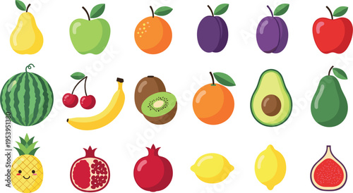 Colorful Fresh Fruit Collection Vector Illustration Featuring Apple Banana Watermelon Avocado Pineapple Pomegranate and Citrus Varieties Isolated on White Background