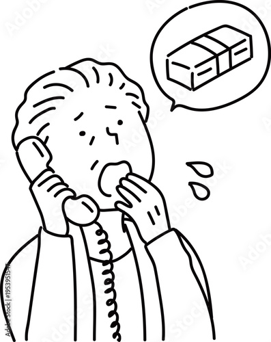 詐欺の電話に困って応対する高齢者の女性_線画