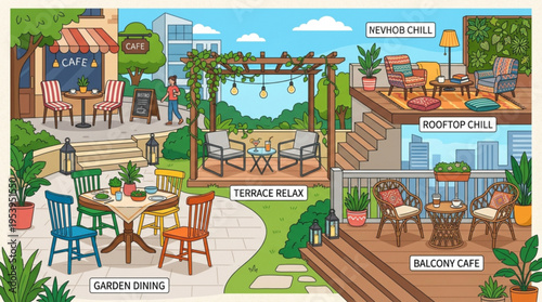 Outdoor cafe and restaurant settings with various seating areas garden dining terrace relax balcony cafe and rooftop chill spaces