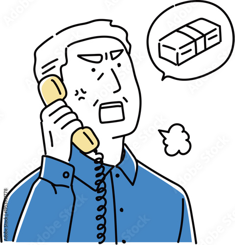 詐欺の電話に怒って応対する高齢者の男性_2色