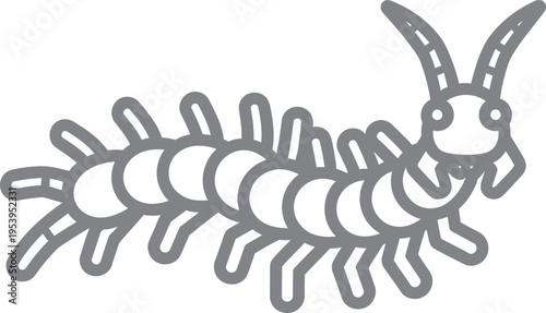 A simple line drawing of a centipede with many legs and antennae on its head in a cartoonish style