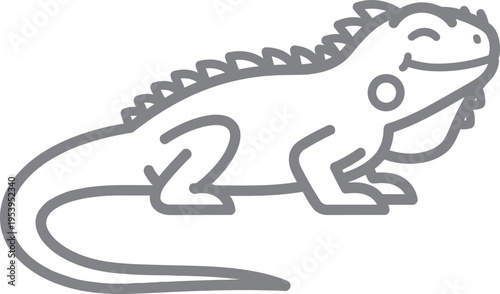 A cartoon drawing of a smiling lizard with a spiky back and long tail in a walking position with one leg forward
