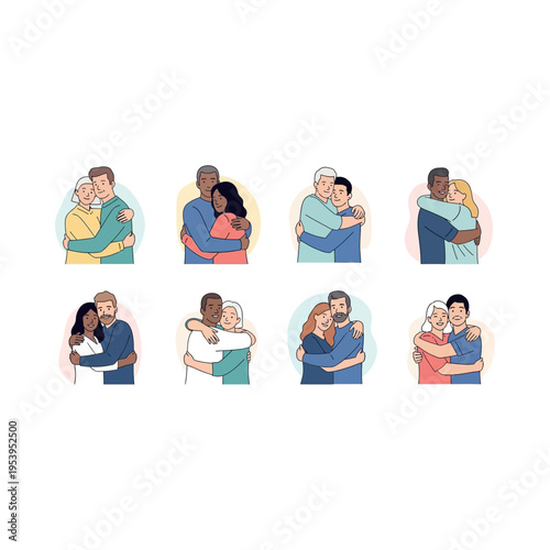 Diverse People Hugging in Illustration Style.