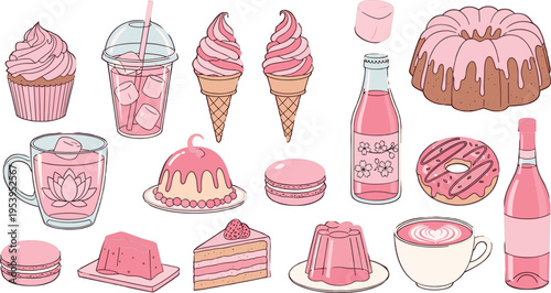 Cute Pink Dessert and Bakery Collection with Cupcake Ice Cream Donut Cake Macaron and Sweet Drinks Hand Drawn Vector Illustration Set