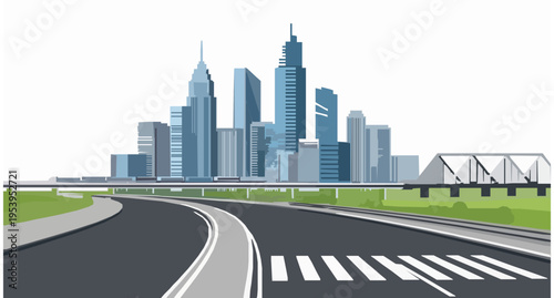 Modern Business Cityscape with Highway Skyscrapers and Railway Bridge Vector Illustration