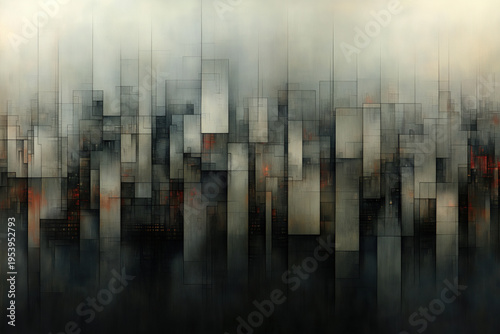 abstract cityscape illustration, gray and black squares and rectangles creating gentle shadows, illustrated