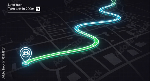 Navigation System Displaying Route on Map with Turn Instruction.