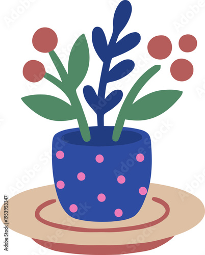 Minimalist Flat Illustration of a Houseplant in a Blue Polka Dot Pot