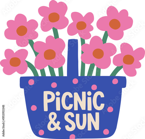 Cute Picnic and Sun Illustration with Pink Flowers in Blue Basket