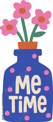 Colorful Illustration of a Bottle with Flowers and Me Time Text