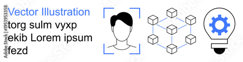Identity verification, blockchain technology, innovation, technological solutions, data security, digital transformation. Abstract icons of a face, blockchain cubes, and a lightbulb with a gear
