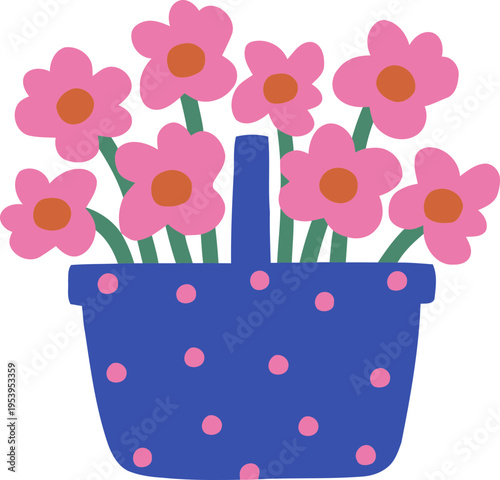 Hand drawn pink flowers in a blue polka dot basket illustration