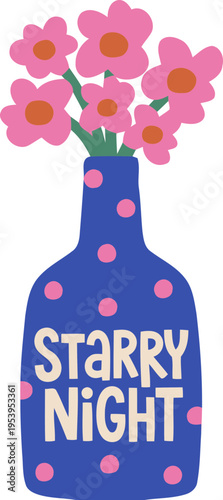 Hand drawn illustration of pink flowers in a blue polka dot vase