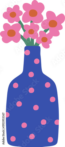 Flat illustration of pink flowers in a blue polka dot vase