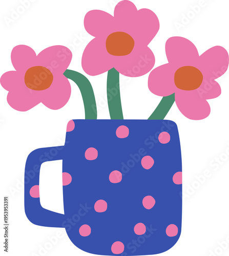 Simple Hand Drawn Illustration of Pink Flowers in a Blue Mug