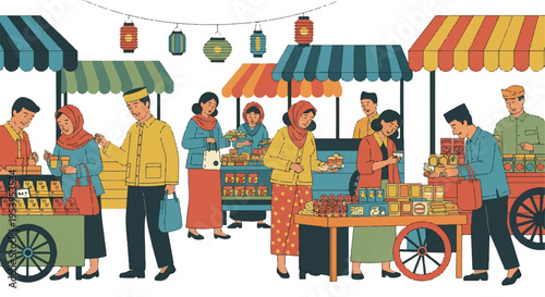 Marketplace illustration shoppers and vendors in a colorful outdoor setting