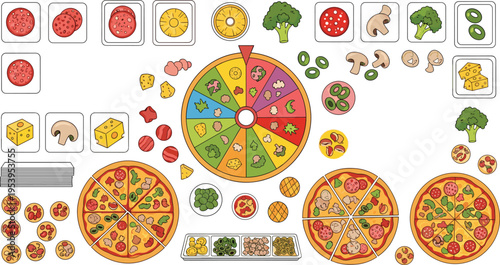 Pizza ingredients and toppings collection with pepperoni cheese mushrooms vegetables and pizza slices flat vector illustration set