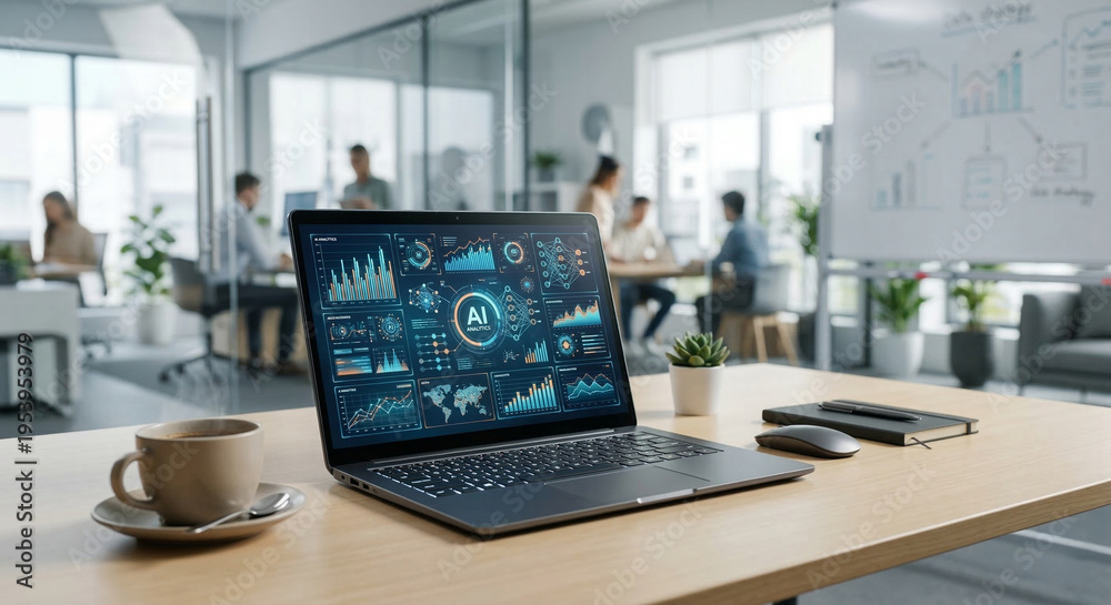 Naklejka premium AI data analytics dashboard on laptop in office