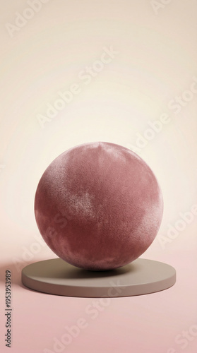 Pink velvet sphere on a neutral podium against a soft background