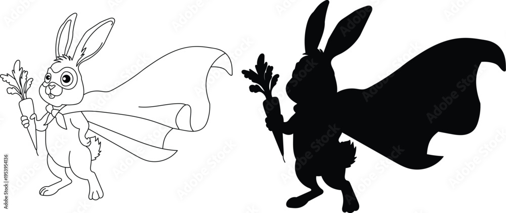 Obraz premium Cute black and white rabbit with a fairy silhouette in a simple vector illustration style.
