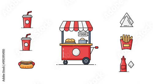 Colorful illustration of food cart items.