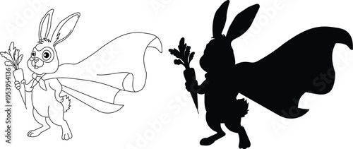 Cute black and white rabbit with a fairy silhouette in a simple vector illustration style.